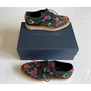 Sergio Rossi Sneakers Embroidered Floral Black Espadrilles Sz 36 6 N22